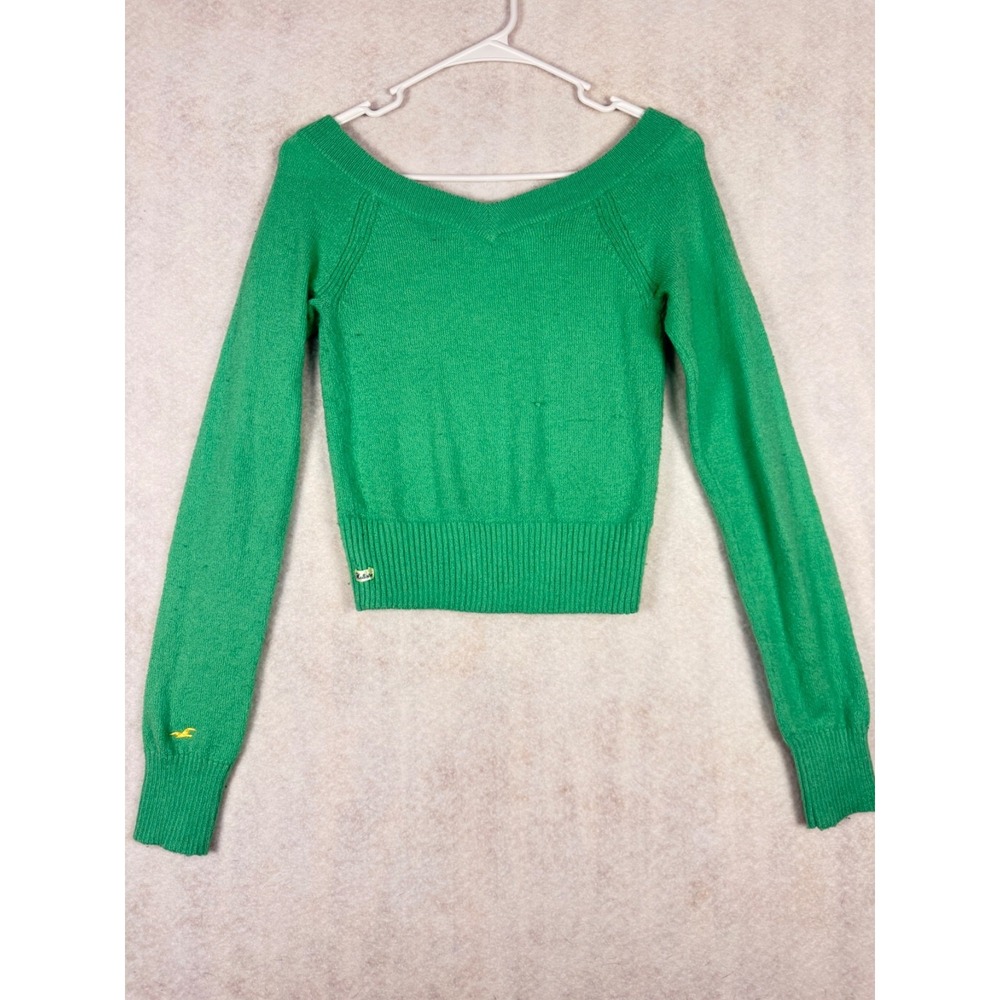 Hollister Y2K Junior Large Green Cropped V Neck Sweater Long Sleeve Soft Knit - Picture 5 of 5
